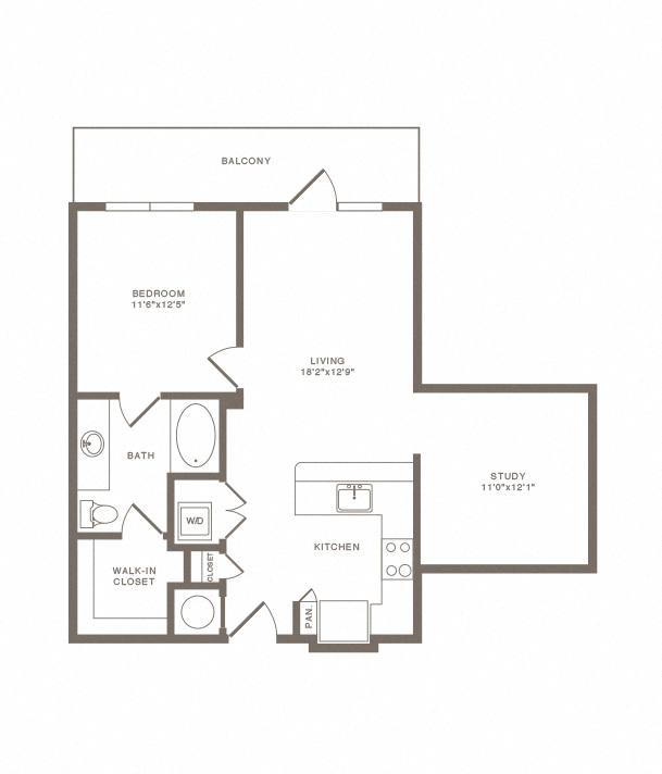 Floor plan for 1 bed, 1 bath, 916 sqft